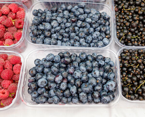 blackberries and strawberries as well as blueberries in plastic are packaged in small plastic boxes for sale on the market