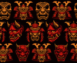 Samurai Seamless Pattern, a background with different Japanese masks