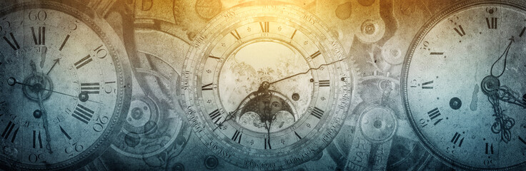 Fototapeta na wymiar The dials of the old antique clocks on ancient wide paper background. Concept of time, history, science, memory, information. Vintage clockwork background.