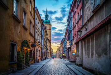 Fototapeta na wymiar Evening view on Piwna street Warsaw, Poland. View of the old town in the historic center of Warsaw.