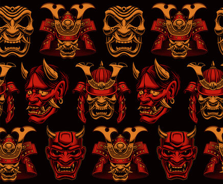 Samurai Seamless Pattern, a background with different Japanese masks