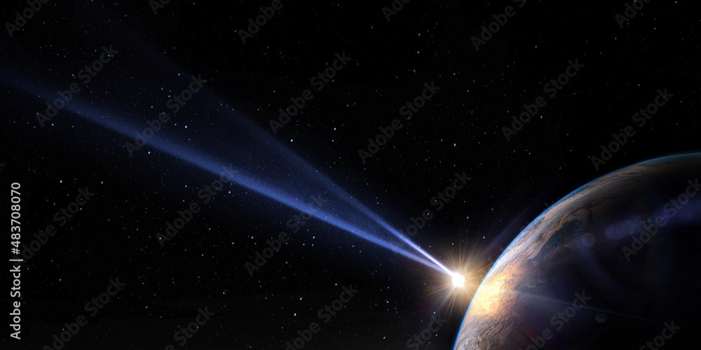 Wall mural comet, asteroid, meteorite flying to the planet earth on the background of night sky. asteroid and t