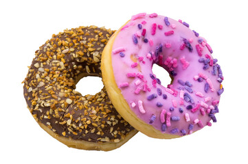pink and brown doughnut, chocolate and berry doughnut, strawberry and raspberry doughnuts, walnut donut on a white background