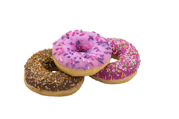 pink and brown doughnut, chocolate and berry doughnut, strawberry and raspberry doughnuts, walnut donut on a white background