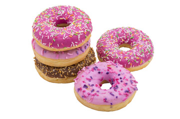 pink and brown doughnut, chocolate and berry doughnut, strawberry and raspberry doughnuts, walnut donut on a white background