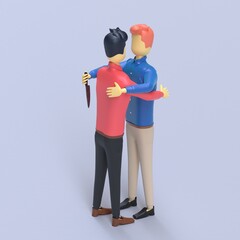 Business people hug and one of bad business man holding knife behind back, 
Represents the Business dishonesty, betrayal or jealousy colleague, career competitor or cheating concept
3D render