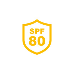 Sun protection SPF 80 simple flat icon vector. SPF 80 icon. Shield icon