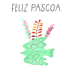 Greeting card, invitation, with bird and twigs, portuguese text Feliz Pascoa, happy easter, vector illustration concept for holiday decor element. flat style