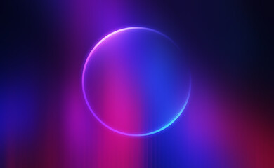 Neon circle shape in the center of the image. Dark abstract background, neon glow