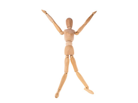 wooden man jumped arms and legs to the sides isolated on white background
