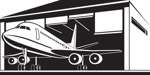 Aircraft exits hangar at airport - vector illustration