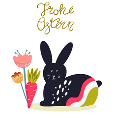 Happy Easter text in German Frohe Ostern with hare, silhouette, rabbit, decorated with rainbow, boho flowers, carrot, hand drawn, invitation.