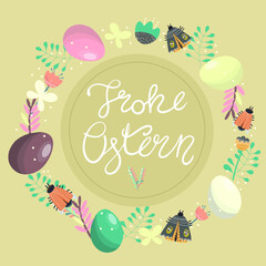 Happy Easter round design with text in German Frohe Ostern with a wreath of eggs, flowers, insects, butterflies, hand drawn, suitable for invitations, cards, clothing printing.
