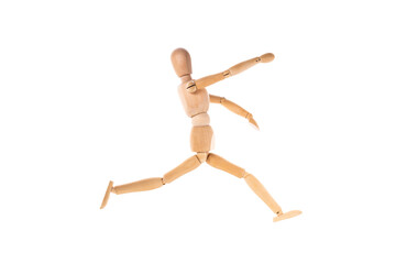 wooden man running arms outstretched isolated on white background