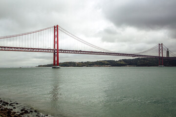 Lisboa Ponte 25 de Abril on Tago River panoramic view, Lisbon Portugal