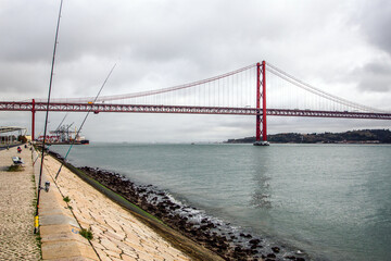 Lisboa Ponte 25 de Abril on Tago River panoramic view, Lisbon Portugal