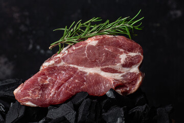 A piece of raw pork on the coals close-up