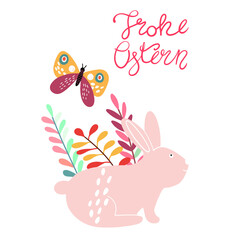Happy Easter lettering in German Frohe Ostern with Hare, bunny rabbit, silhouette, decorated with rainbow, boho colors, hand drawing, text Happy Easter invitation design, card, invitation