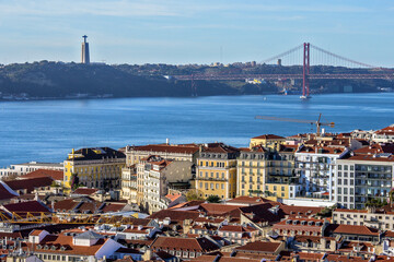 Lisboa Tago River 25th april bridge aerial panorama. Lisbon, Portugal