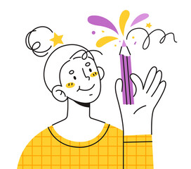 Smiling  woman hold pencil in their hands. Modern character in lineart style. Artist, painter, editor. 