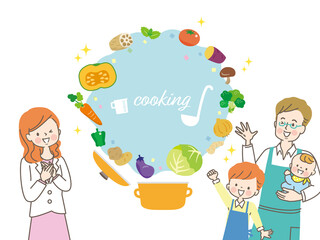 ママに料理を作る家族のイメージイラスト素材