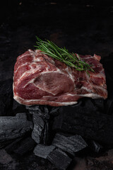 A piece of raw pork on the coals close-up