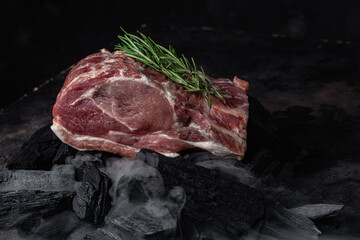 A piece of raw pork on the coals close-up