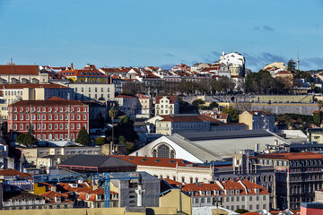 Fototapeta na wymiar Rossio train station and Lisboa old town aerial view. Lisbon, Portugal