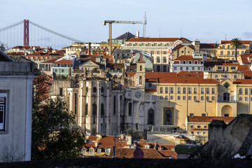 Fototapeta na wymiar 25th April Bridge and Lisboa old town aerial panorama. Lisbon Portugal