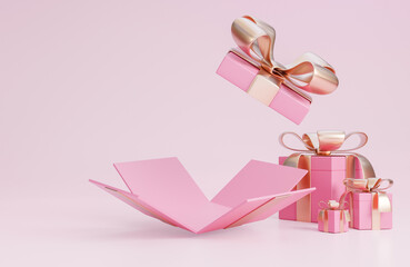 Happy valentine's day banner with open pink gift box and romantic valentine decorations on pink background.,3d model and illustration.