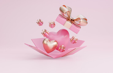 Happy valentine's day banner with open gift box, 3d hearts and romantic valentine decorations on pink background.,3d model and illustration.