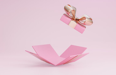 Happy valentine's day banner with open pink gift box on pink background.,3d model and illustration.