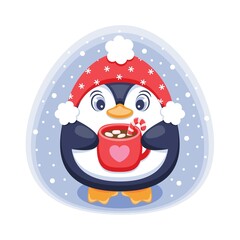 Little cute penguin with cup with a cocoa and marshmallow. Vector illustration.