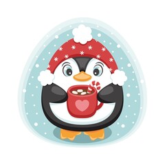 Little cute penguin with cup with a cocoa and marshmallow. Vector illustration.