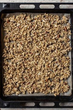 Homemade Almond Granola cooking in a pan