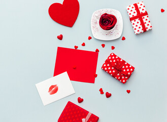 Flat lay compositions with gift boxes. Valentines day, beverage concept, romance surprise, banner, flyer