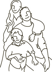 Vector image, outline sketch of a family portrait. Mom, Dad and baby. It can be used as an example of posing in a photo studio.