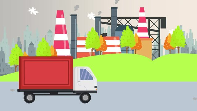 Car and truck moving on road with air pollution