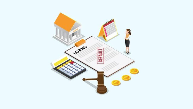 Confused woman look at loan form with default sign