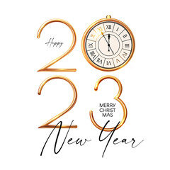 Happy 2023 New Year Elegant Christmas congratulation with 3D realistic gold metal text