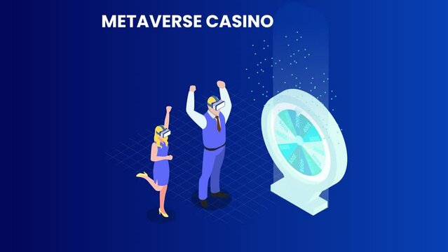 Happy couple winning roulette wheel in metaverse