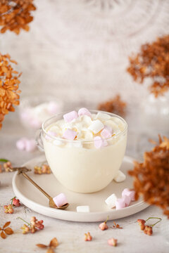 Hot white chocolate drink with whipped cream and marshmallows