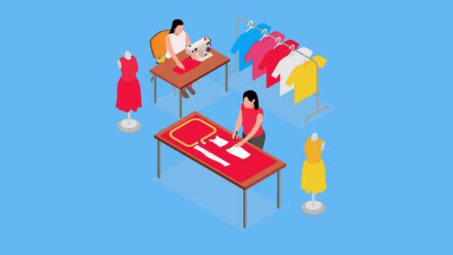 Two dressmakers is sewing and cutting fabric