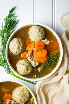 Matzoh Ball Soup on a table top