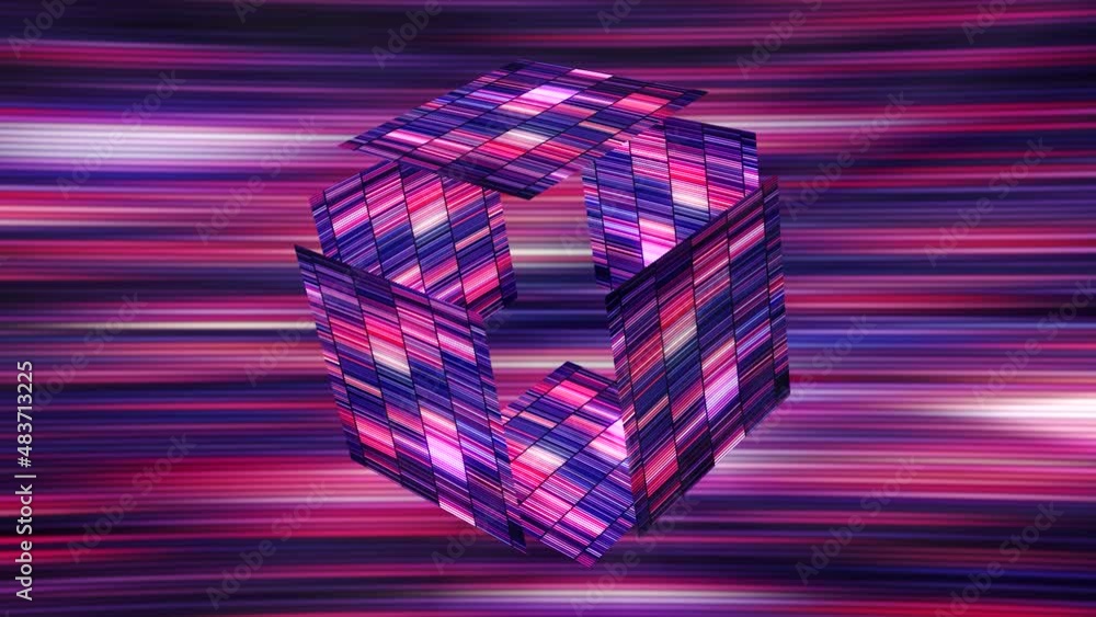 Poster a geometric figure in abstraction. motion. a purple square consisting of shiny details shimmers and 