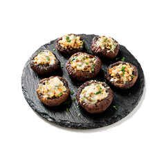 Baked mushroom caps stuffed with chicken meat, parmesan cheese, garlic and herbs. isolated on white background. 