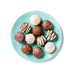 Assorted chocolate truffle candies. Isolated on white background. top view	