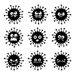 Set of funny virus emoticons. Smiling, angry, mad, crazy facial expression