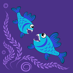 predatory evil piranha fish. Fabulous underwater world. Styling, cartoon style