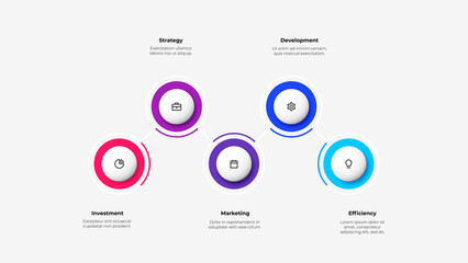Concept of 5 steps of business development process. Infographic presentation with five circles and thin line icons